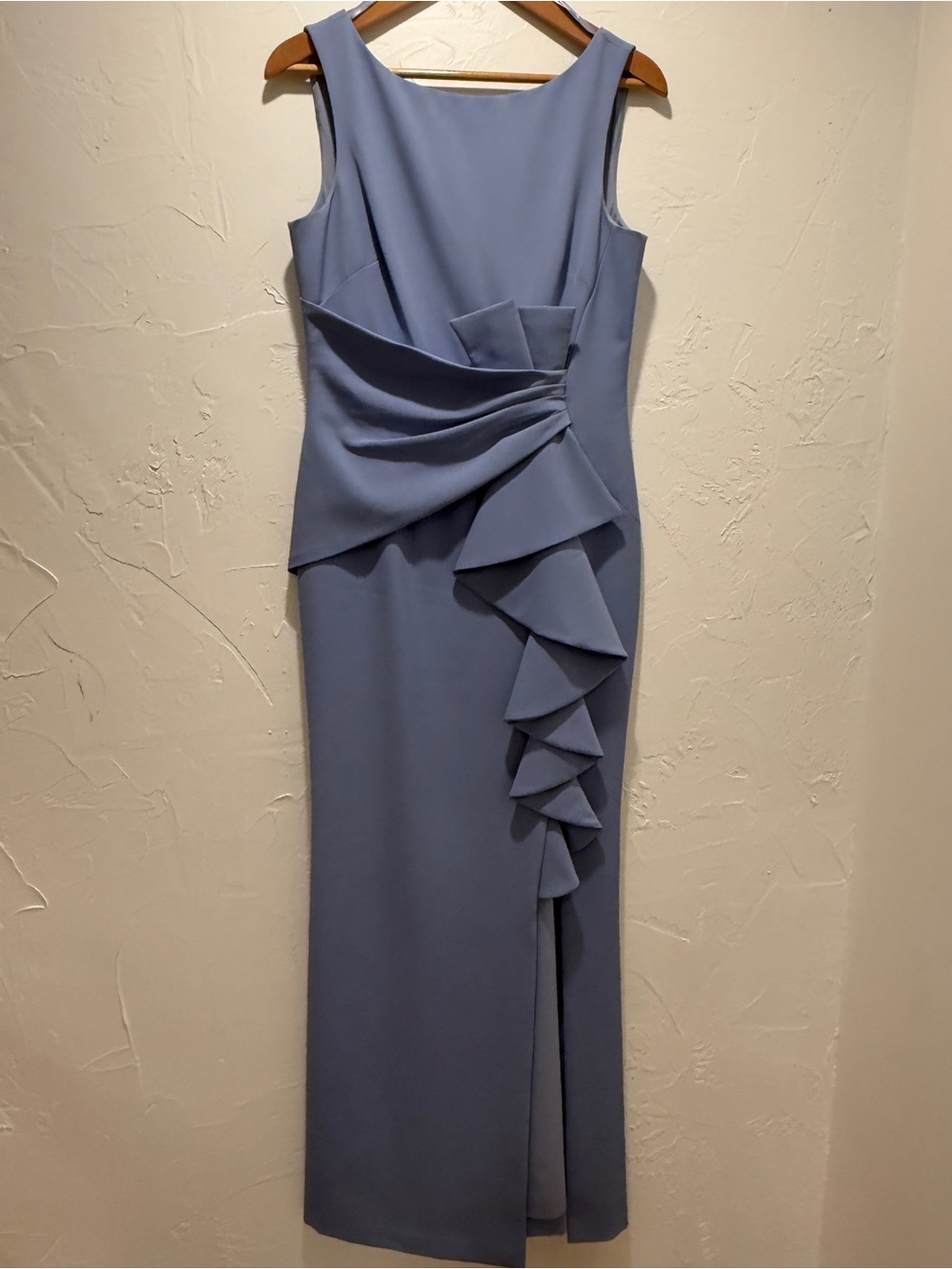 Eliza J Dusty Blue Sleeveless Midi Dress with Cascading Ruffles